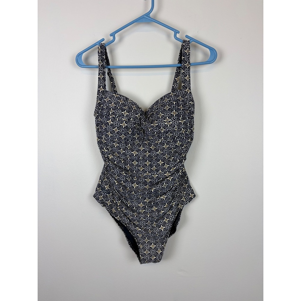 Niptuck Swim One Piece Swimsuit US 8 Black Gold Ruched Tummy Control Padded Cup